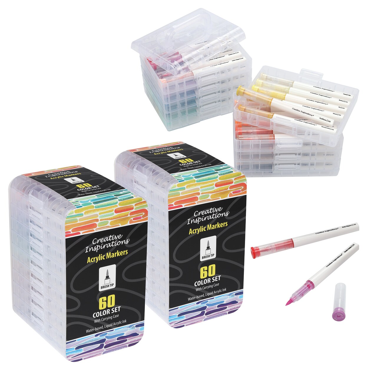 Creative Inspirations Acrylic Paint Markers Set - 60 Colors, 2 Pack: Water-Based Acrylic Markers for Artists - Flexible Brush Tips in Carrying Case, Bleed-Resistant, Lightfast, For Wood, Glass, Paper